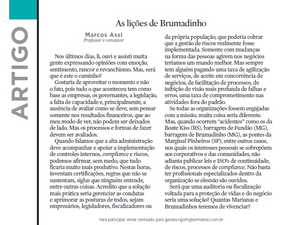 A Notícia publica artigo do professor Marcos Assi sobre Brumadinho