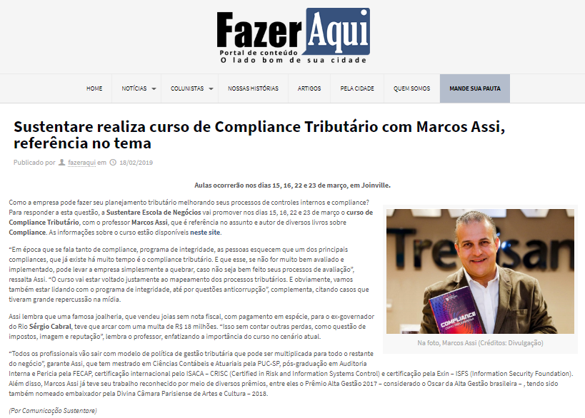 Portal Fazer Aqui dá destaque para curso de Compliance Tributário da Sustentare