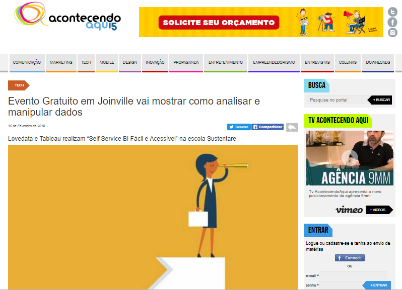Portal Acontecendo Aqui destaca evento gratuito sobre BI na Sustentare