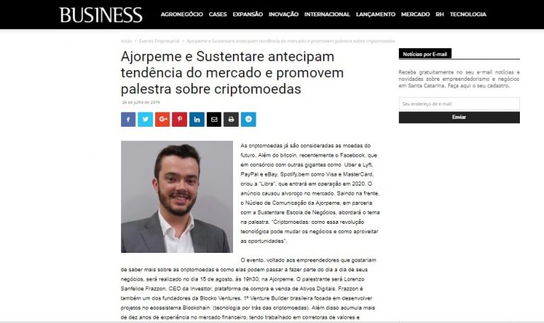 Revista Business divulga palestra sobre Criptomoedas da Ajorpeme, em parceria com a Sustentare