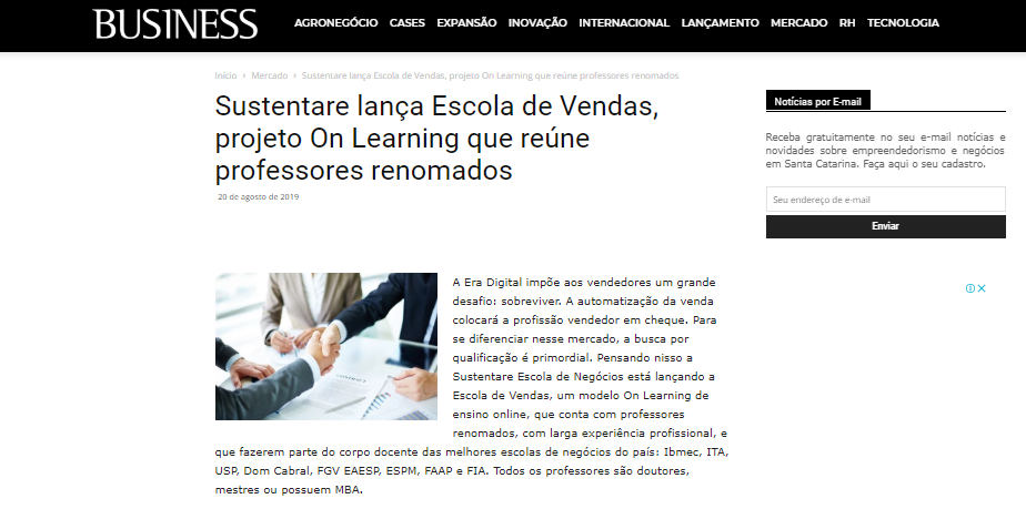 Lançamento da Escola de Vendas, novo projeto da Sustentare, é destaque na Business 