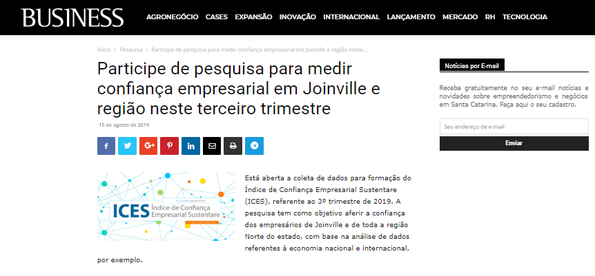 Coleta de dados para ICES do 3° trimestre de 2019 é divulgada na Revista Business