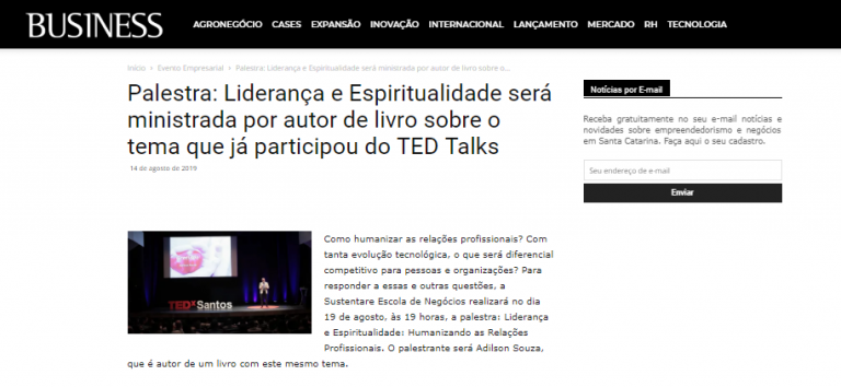 Revista Business divulga palestra Liderança e Espiritualidade, na Sustentare