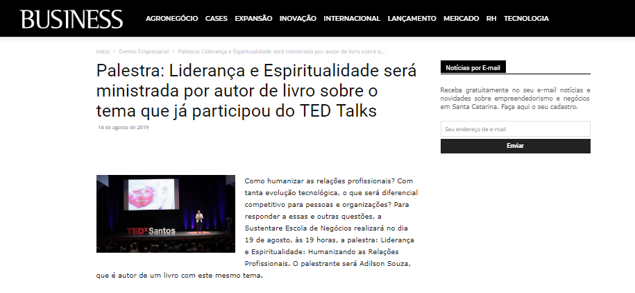 Revista Business divulga palestra Liderança e Espiritualidade, na Sustentare