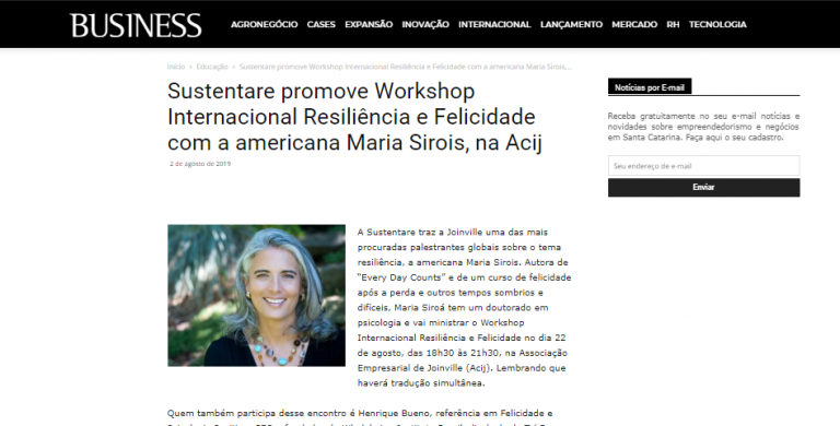 Revista Business publica matéria sobre o Workshop Internacional Resiliência e Felicidade