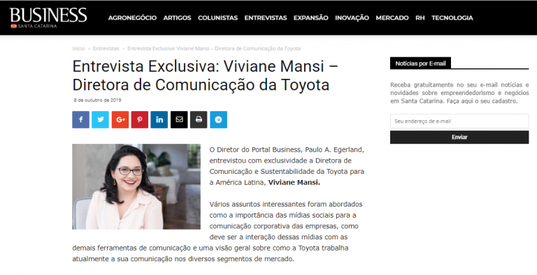 Professora Viviane Mansi, que atua como Diretora de Comunicação da Toyota, concede entrevista exclusiva à Business