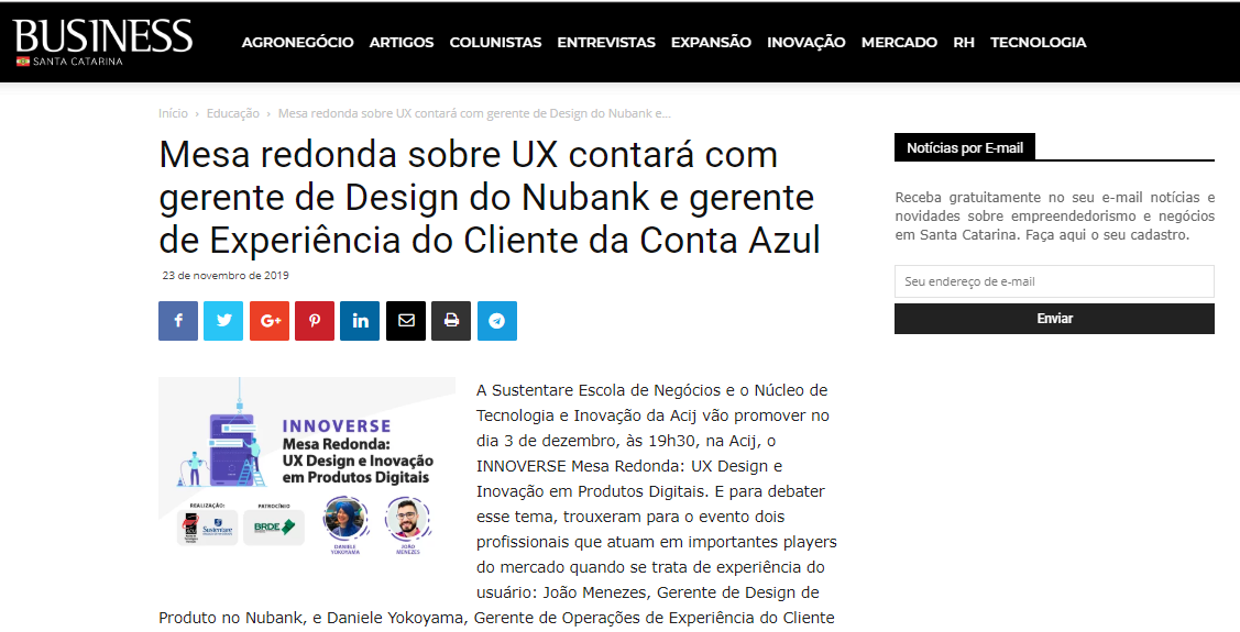 Evento com profissionais do Nubank e Conta Azul, na Sustentare, é destaque na Revista Business