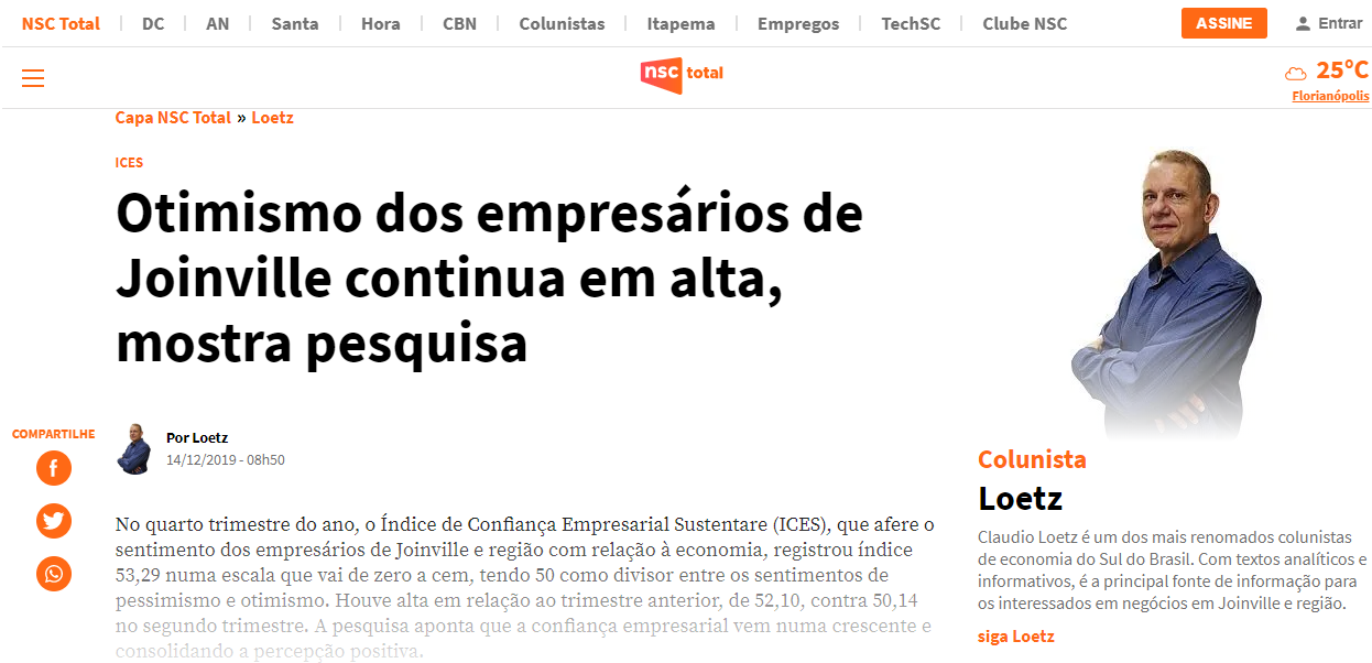 Colunista Claudio Loetz destaca resultado da pesquisa ICES neste 4° trimestre de 2019
