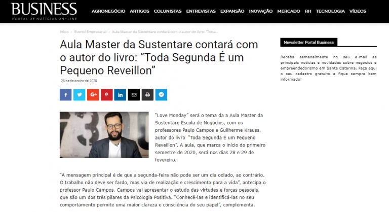 Revista Business publica matéria sobre Aula Master da Sustentare