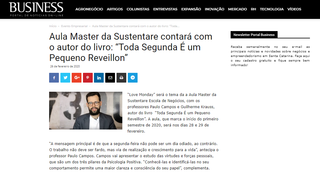 Revista Business publica matéria sobre Aula Master da Sustentare