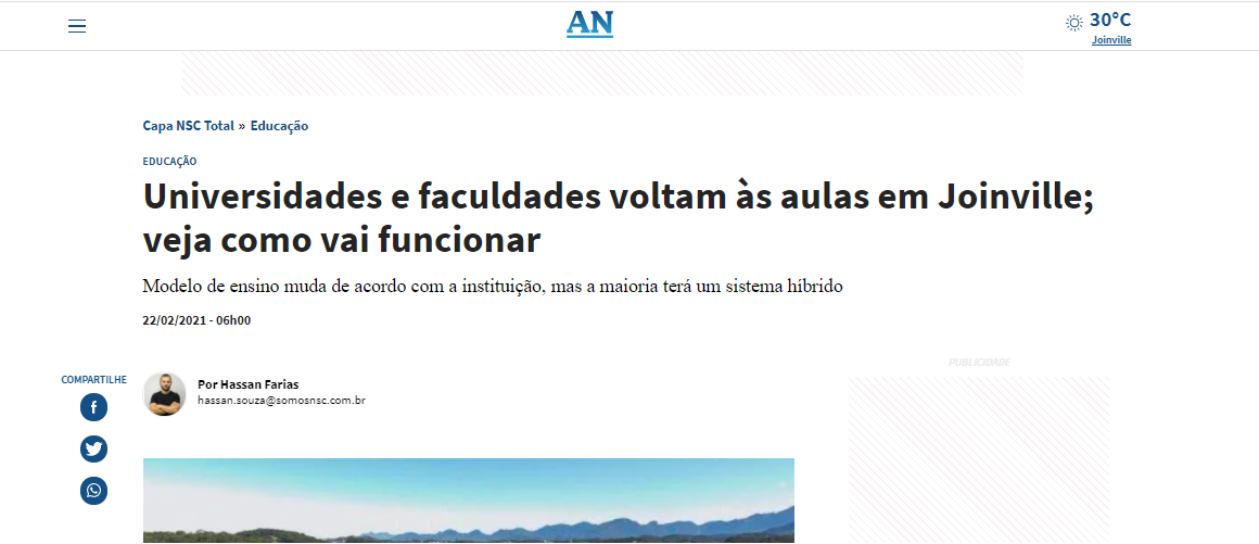 A Notícia detalha como será volta às aulas na Sustentare e demais instituições de Joinville